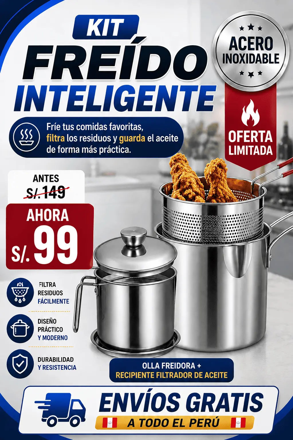 Kit Freído Inteligente: Olla freidora + Recipiente filtrador de aceite